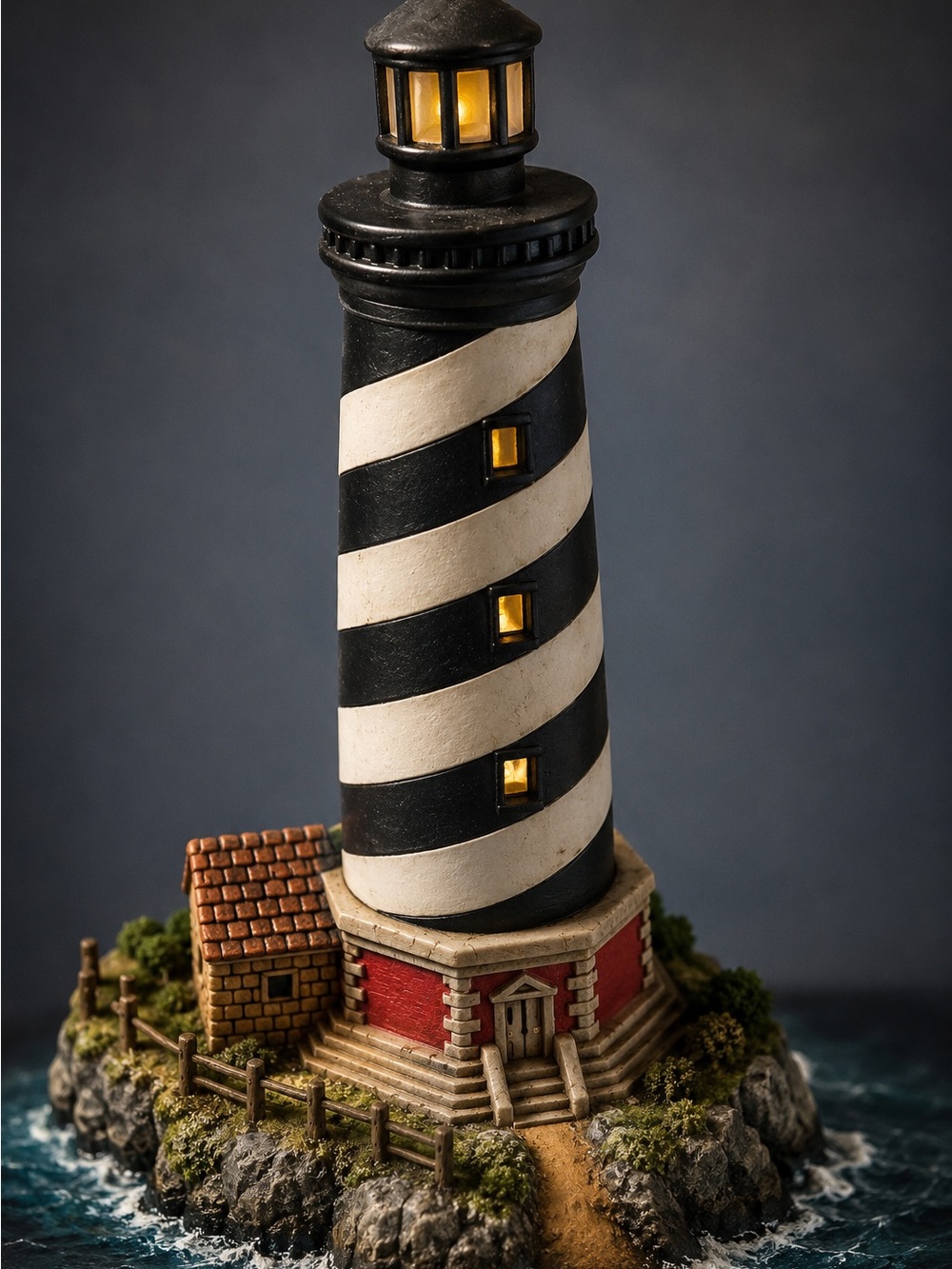 LEFTON Striped Black & White Lighthouse Figurine/Lamp with Red Base